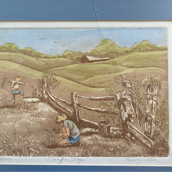 Miriam Ecker "Hand Signed & Etching" "CAREFREE DAYS” CHILDREN FLOWERS BOYS FIELD - Picture 13 of 14